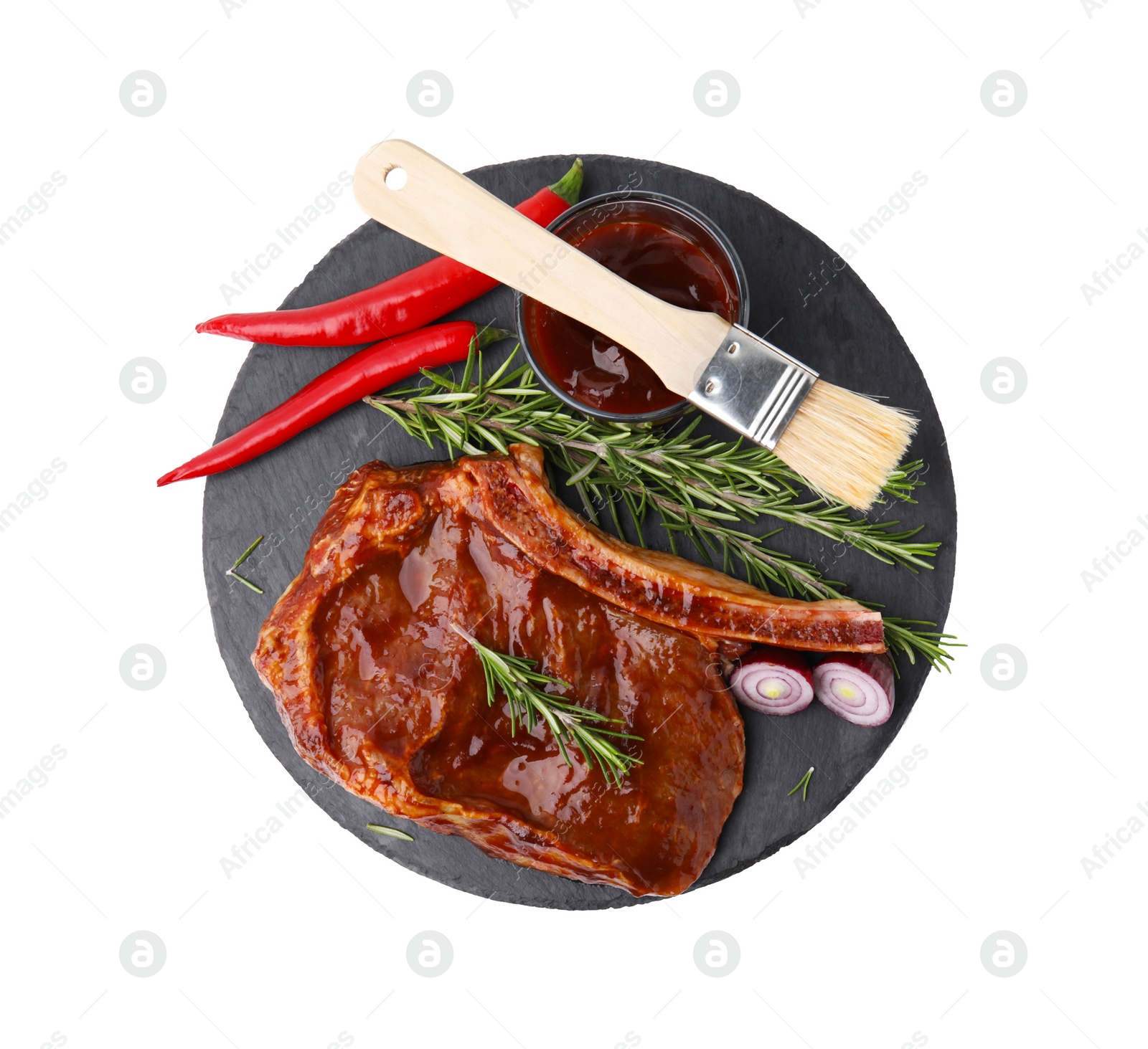 Photo of Tasty meat, rosemary, marinade, chili and onion isolated on white, top view