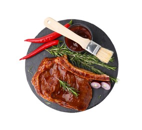 Tasty meat, rosemary, marinade, chili and onion isolated on white, top view