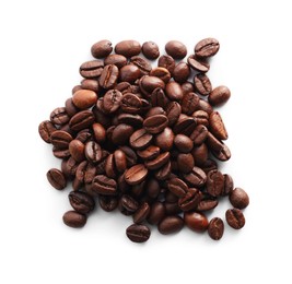 Pile of roasted coffee beans isolated on white, top view