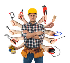 Image of Multitasking concept. Handyman with different tools on white background