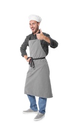 Professional chef showing thumb up on white background