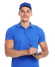 Happy young courier with clipboard on white background