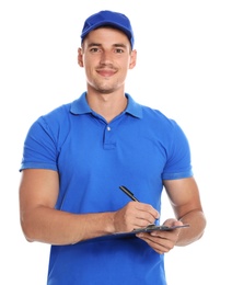 Photo of Happy young courier with clipboard on white background