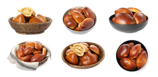 Image of Set with  delicious baked pirozhki on white background. Banner design