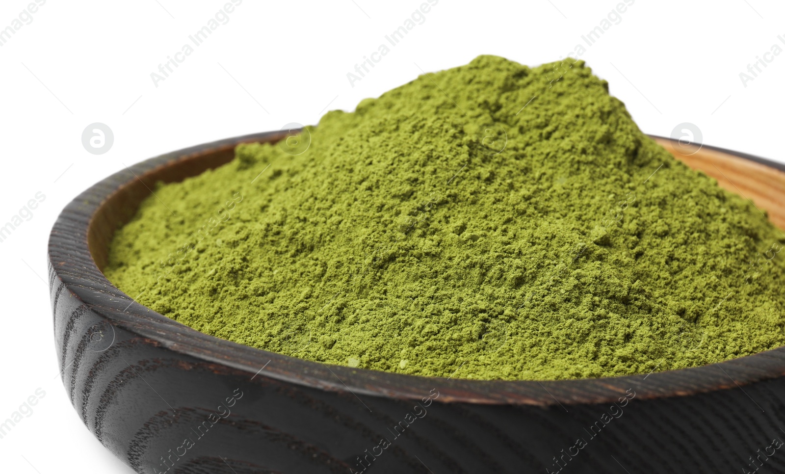 Photo of Green matcha powder in bowl isolated on white