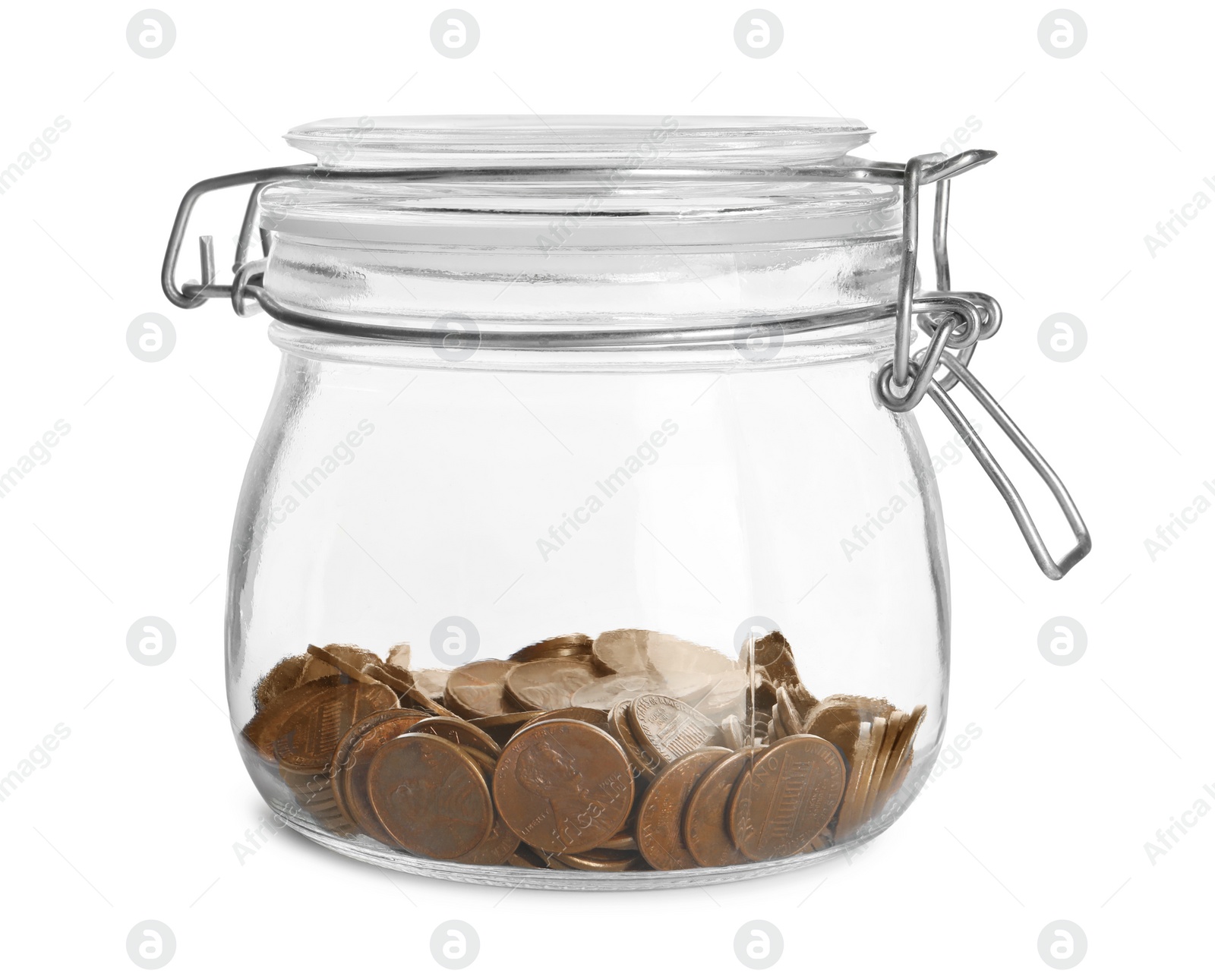 Photo of Glass jar with coins isolated on white