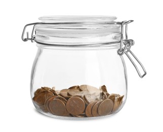 Photo of Glass jar with coins isolated on white