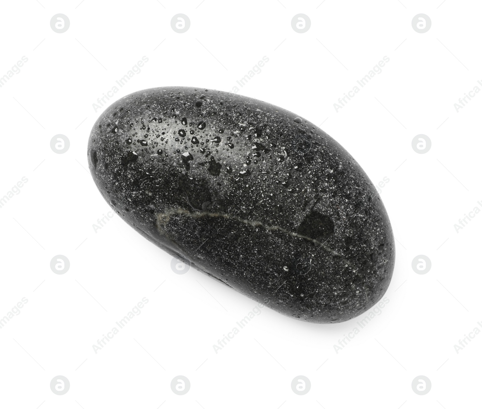 Photo of Wet stone with water drops isolated on white, top view