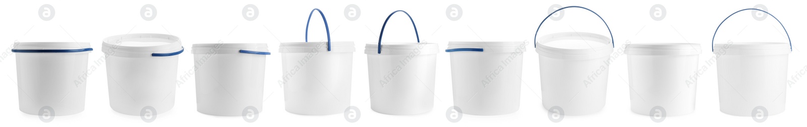 Image of Plastic buckets with lids isolated on white, set