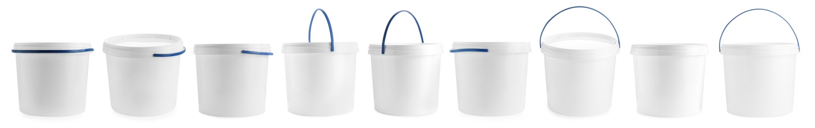 Image of Plastic buckets with lids isolated on white, set