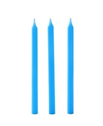 Photo of Blue thin birthday candles isolated on white