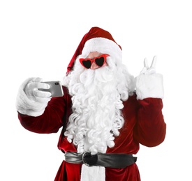 Photo of Authentic Santa Claus taking selfie on white background