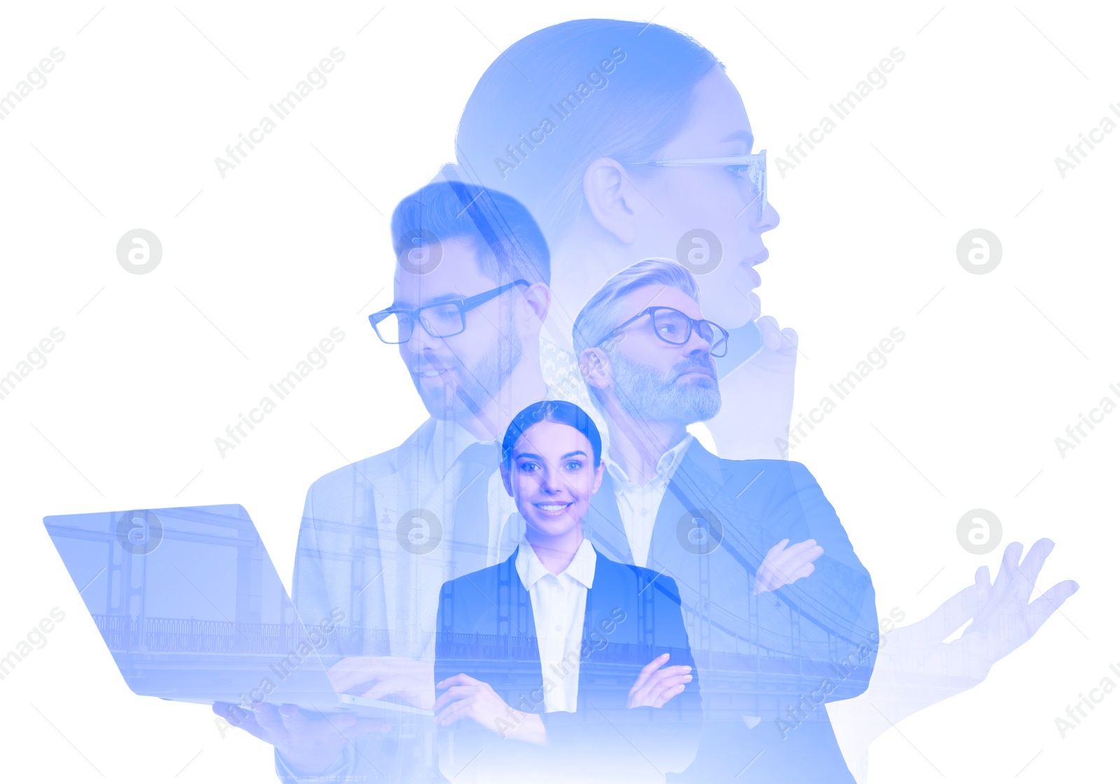 Image of Double exposure of different businesspeople and cityscape with bridge