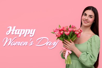Image of Happy Women's Day - March 8. Attractive lady with bouquet of tulips on pink background