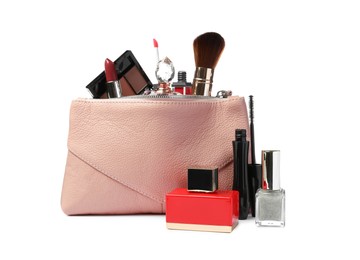 Stylish pink cosmetic bag and makeup products on white background