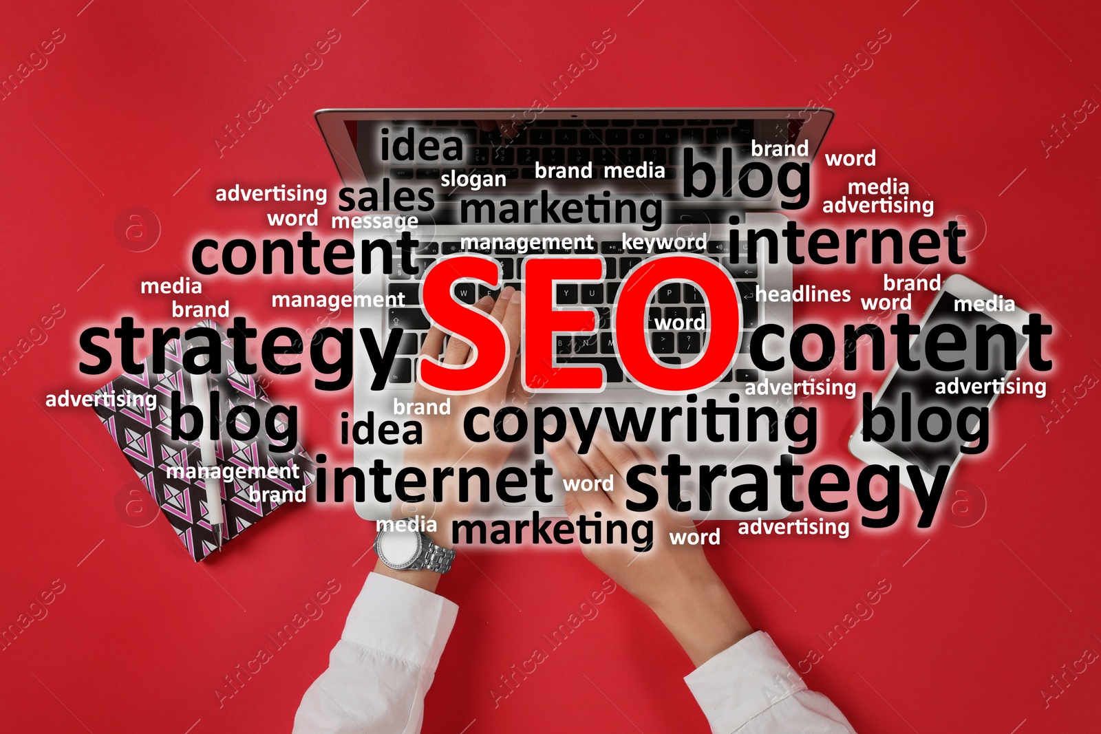 Image of Search engine optimization (SEO). Cloud of words above copywriter with laptop against red background, top view
