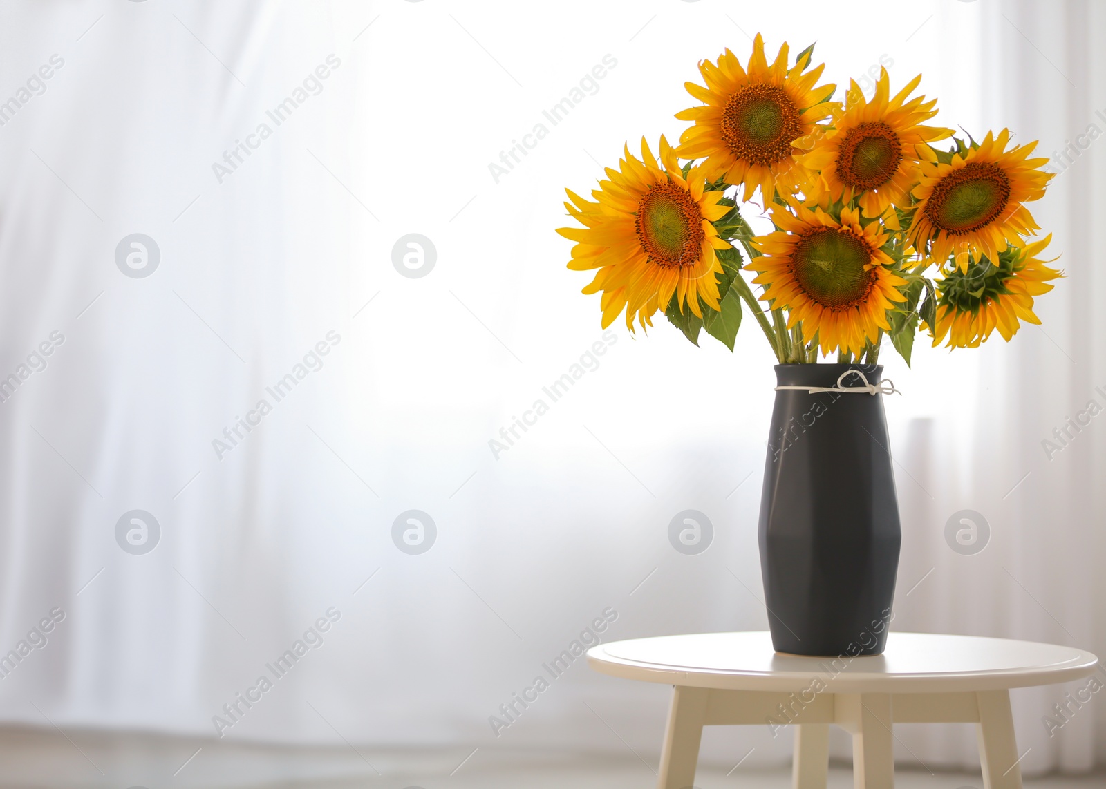 Photo of Vase with beautiful yellow sunflowers on table in room, space for text