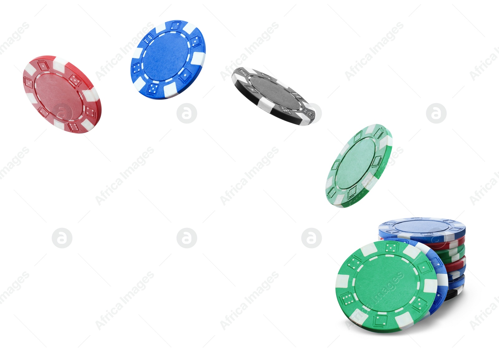 Image of Different casino chips falling on white background