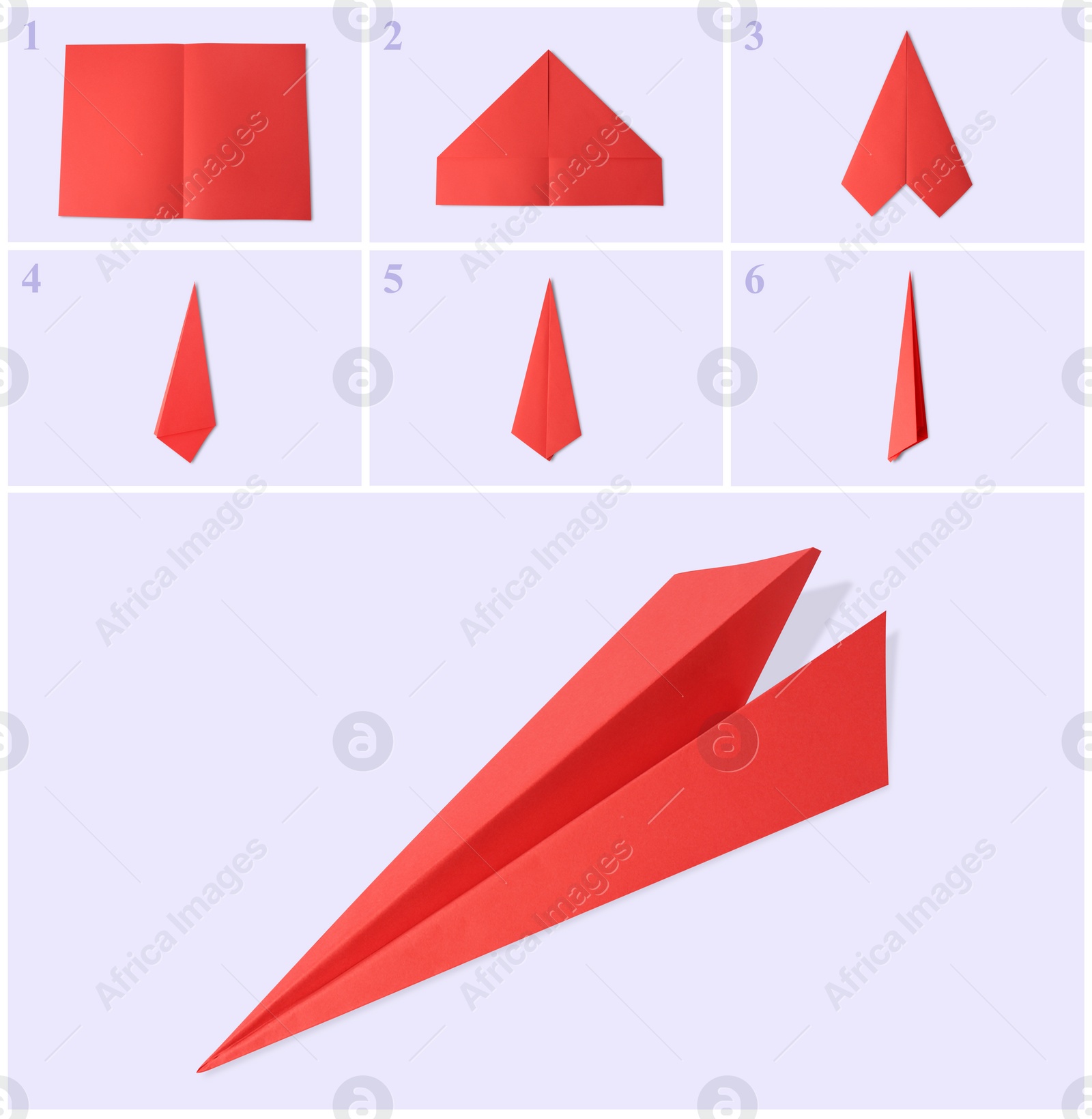 Image of Origami art. Making red paper plane step by step, photo collage on white background