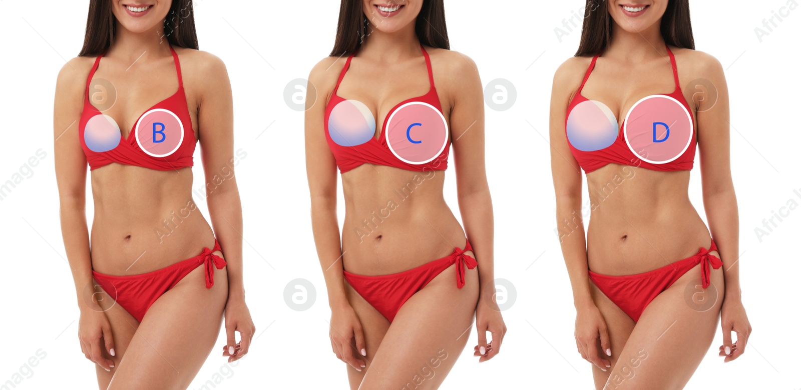 Image of Collage with photos of woman demonstrating different implant sizes for breast on white background, closeup. Banner design 