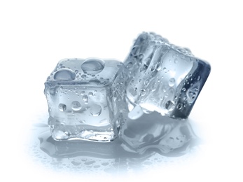 Photo of Crystal clear ice cubes on white background