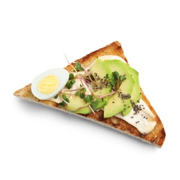 Photo of Tasty toast with avocado, quail egg and chia seeds on white background, top view