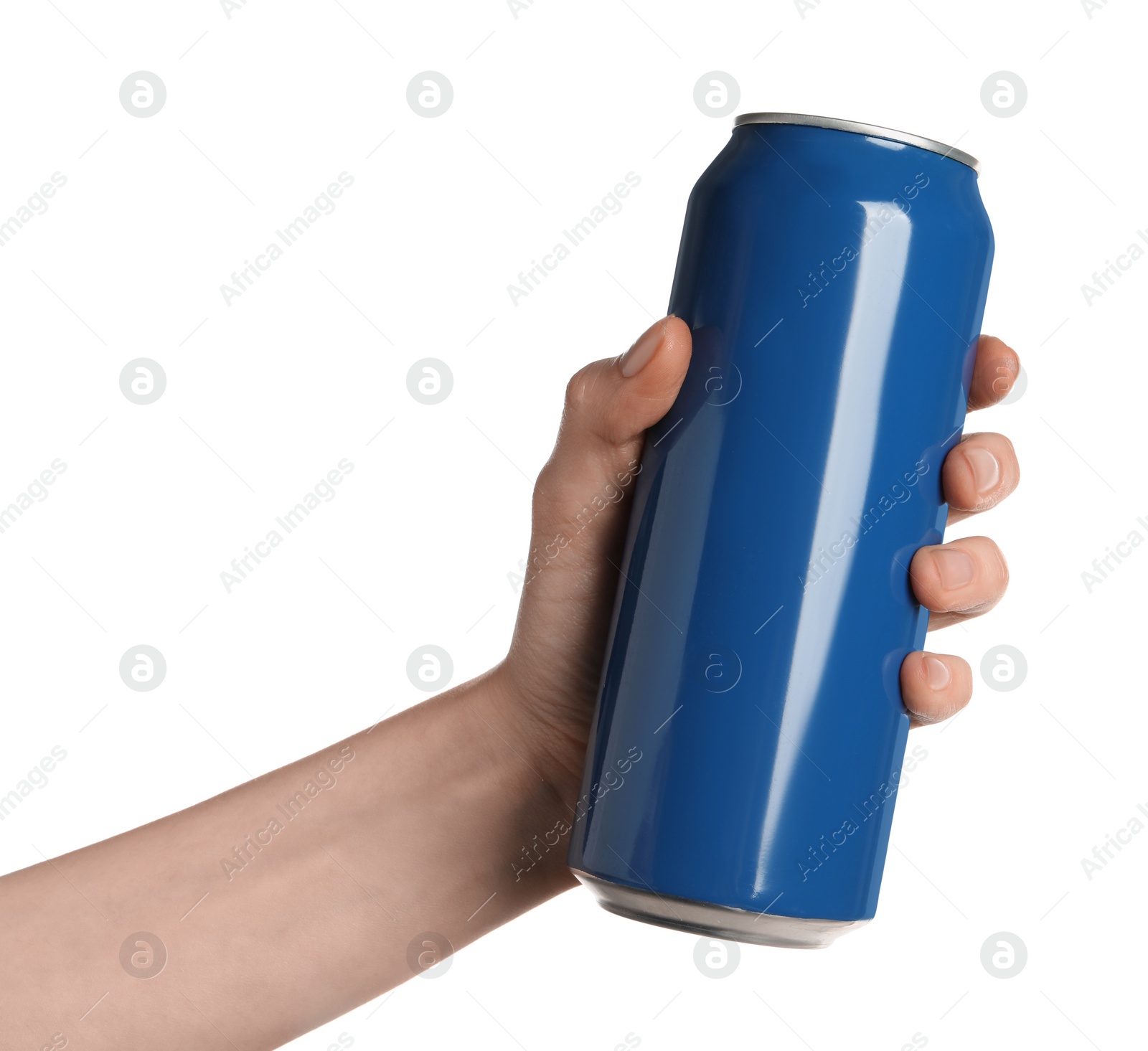 Photo of Woman holding blue aluminum can on white background, closeup