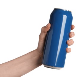 Photo of Woman holding blue aluminum can on white background, closeup