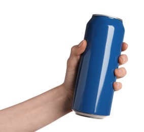 Woman holding blue aluminum can on white background, closeup