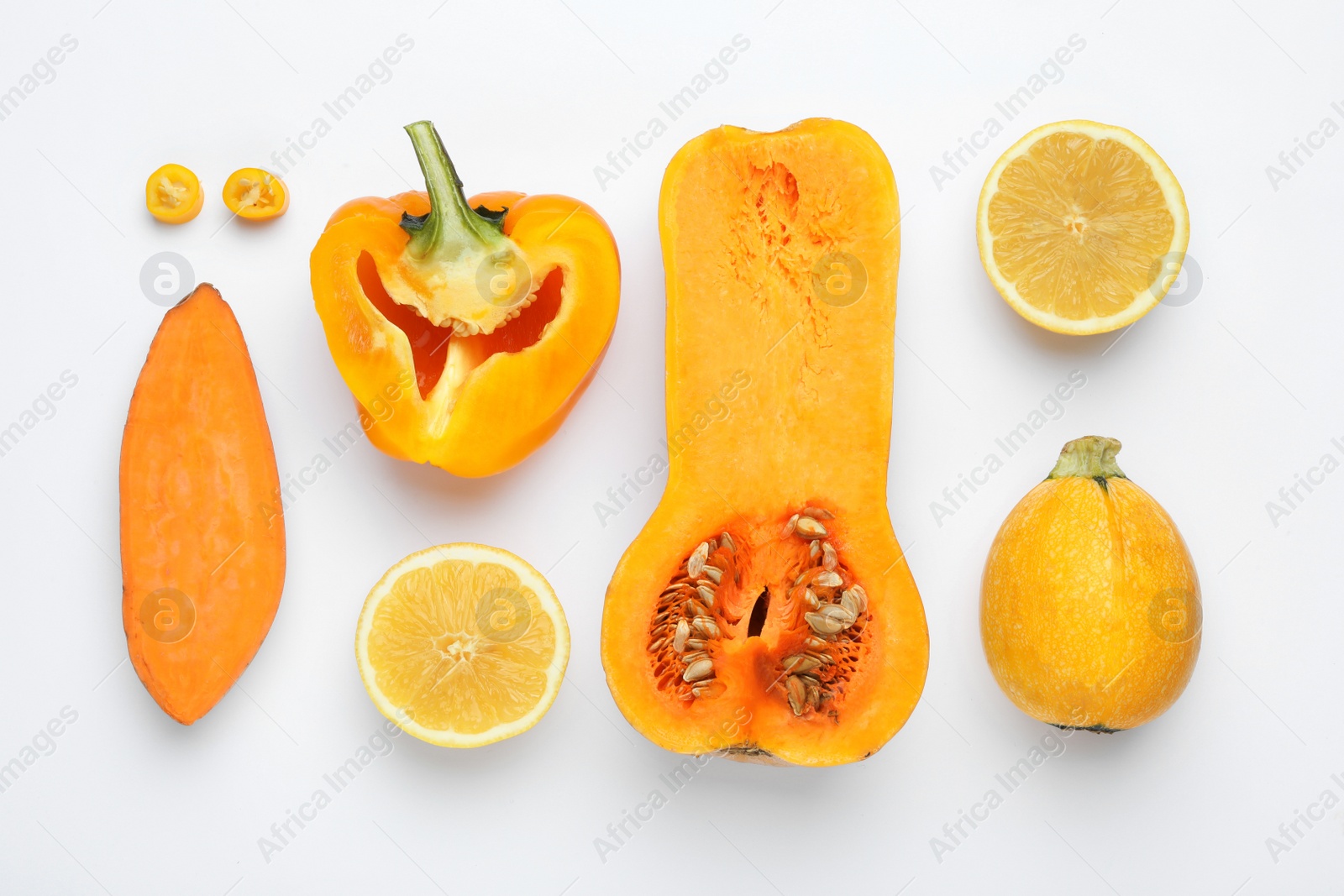 Photo of Flat lay composition with fresh ripe vegetables on white background