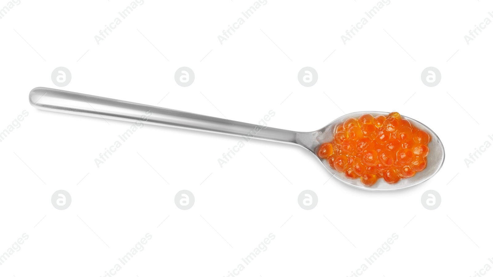 Photo of Spoon with delicious red caviar isolated on white, top view