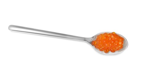 Photo of Spoon with delicious red caviar isolated on white, top view