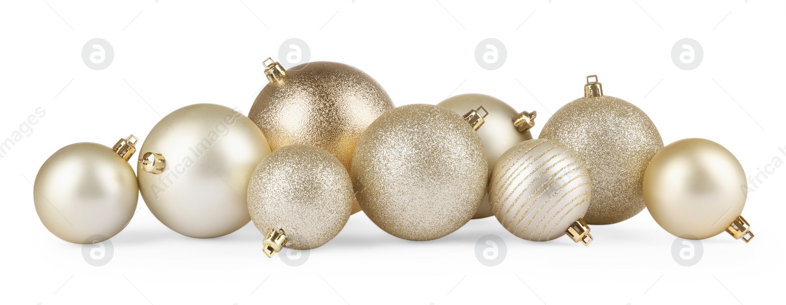 Photo of Beautiful golden Christmas balls isolated on white