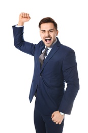 Photo of Portrait of emotional businessman on white background