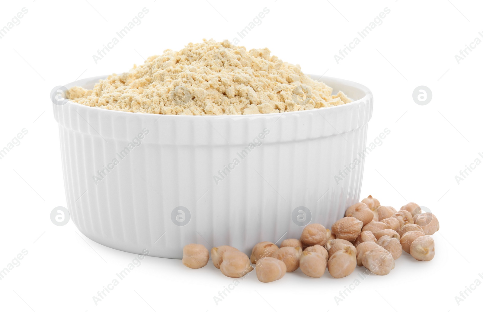 Photo of Chickpea flour in bowl and seeds isolated on white