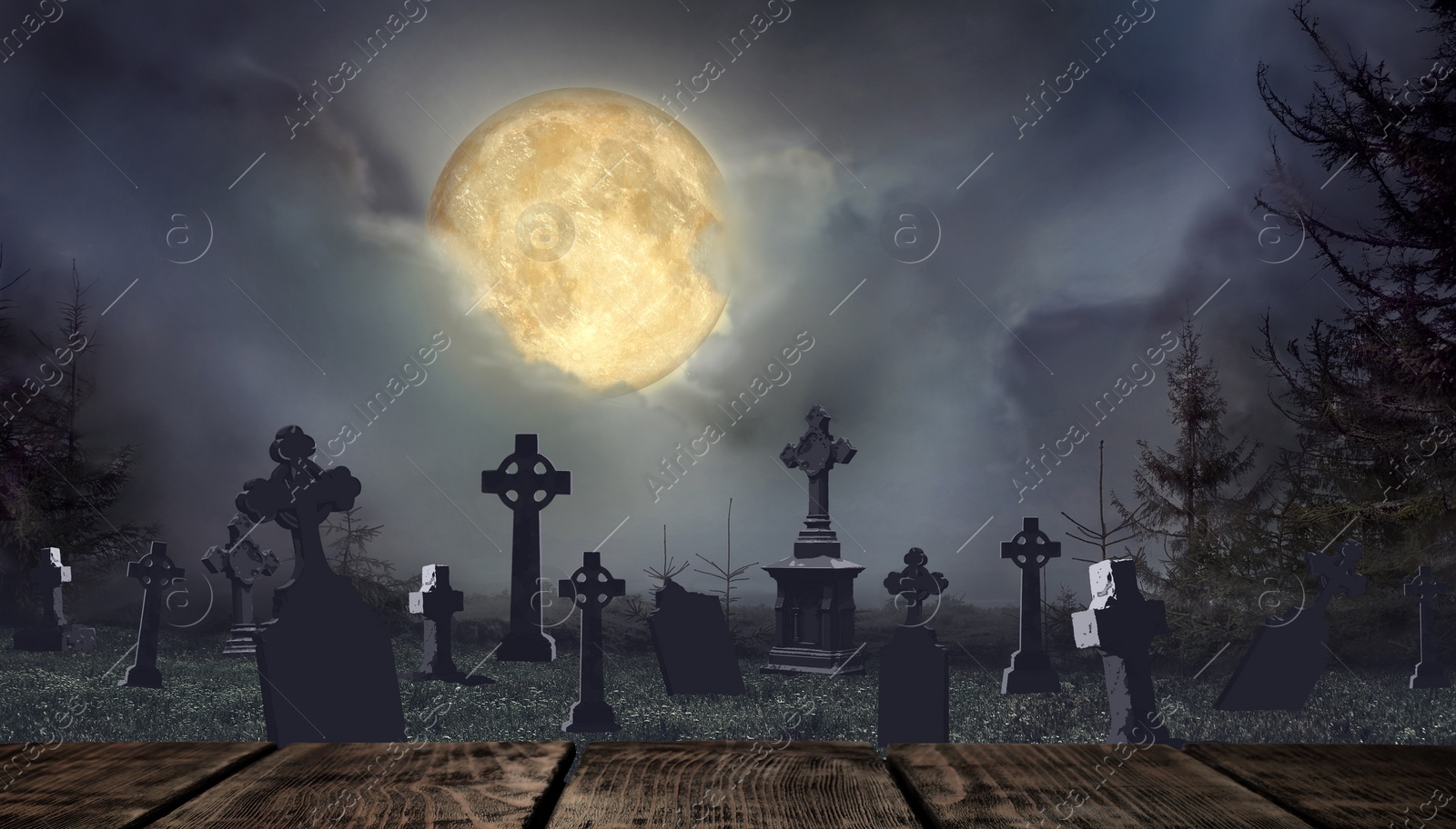 Image of Wooden surface and moonlit graveyard with old creepy headstones on Halloween