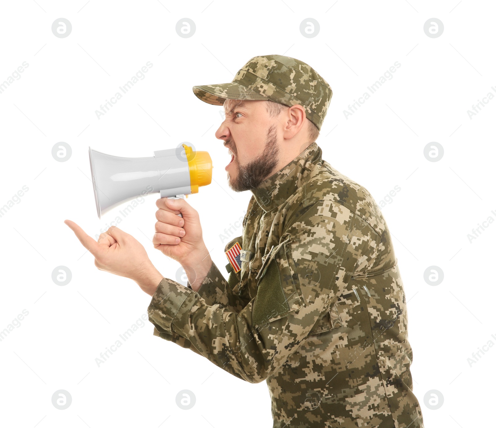 Photo of Military man shouting into megaphone on white background