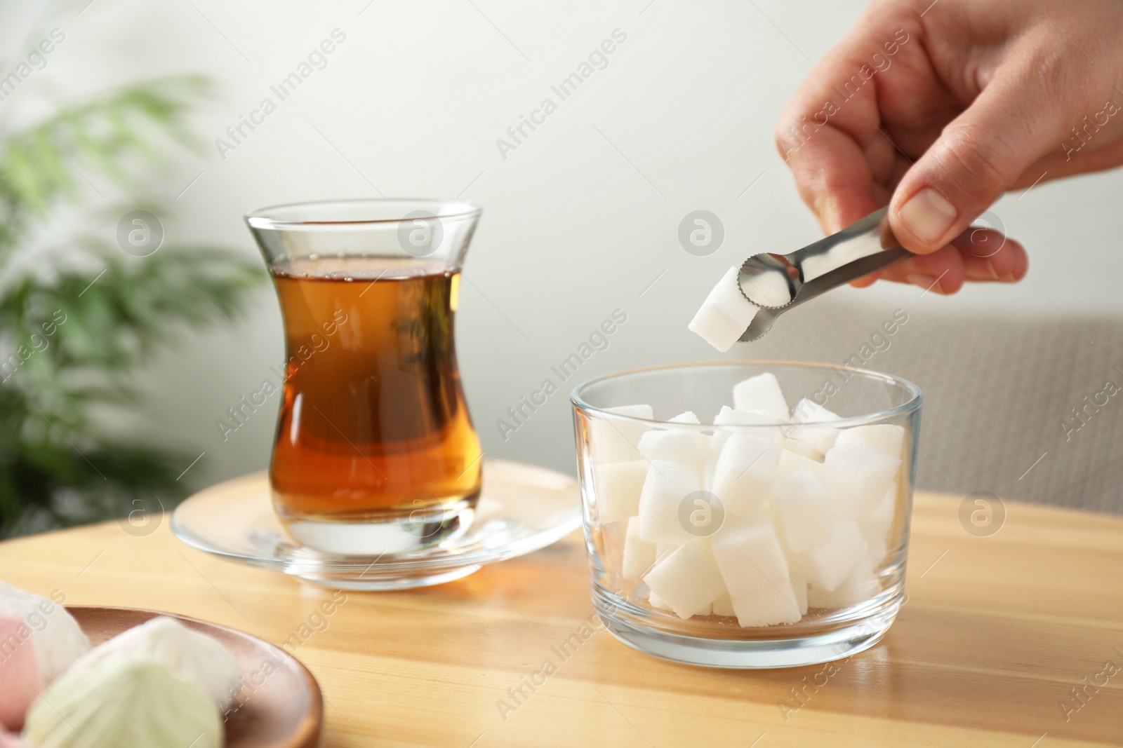 Photo of Woman adding sugar cube into aromatic tea at wooden table indoors, closeup