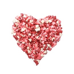 Photo of Heart made of sweet candies on white background, top view