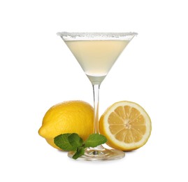 Photo of Lemon drop martini cocktail and fresh fruits on white background