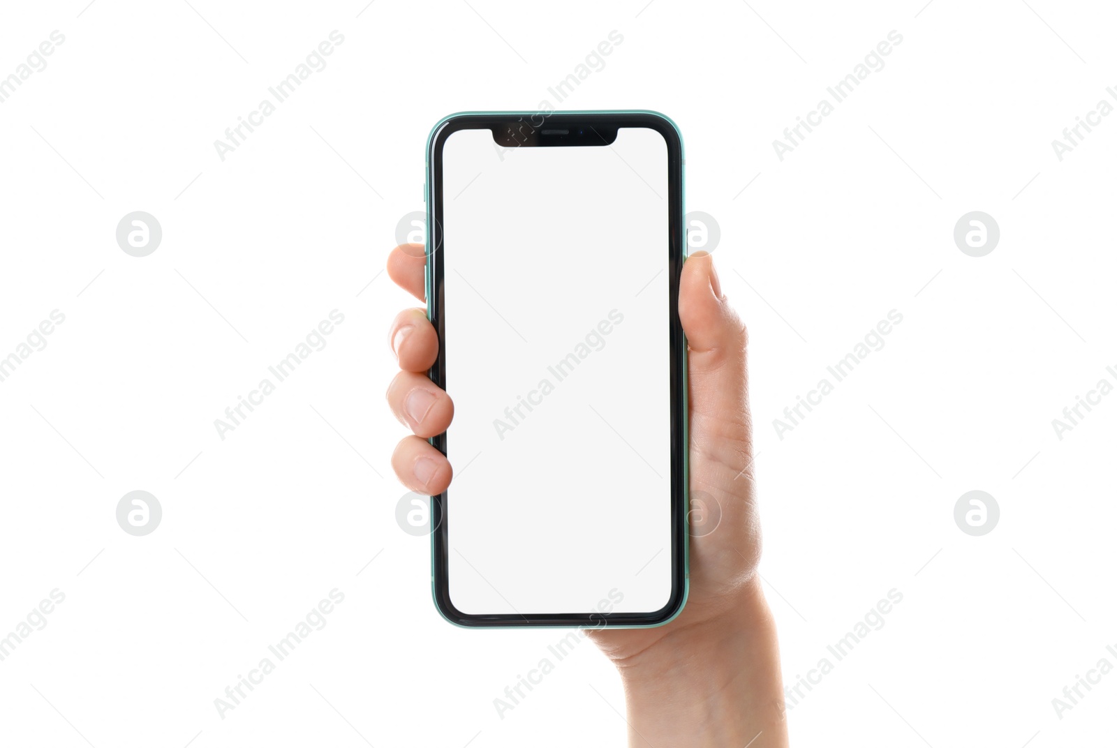 Photo of MYKOLAIV, UKRAINE - JULY 07, 2020: Woman holding iPhone 11 on white background, closeup. Mockup for design