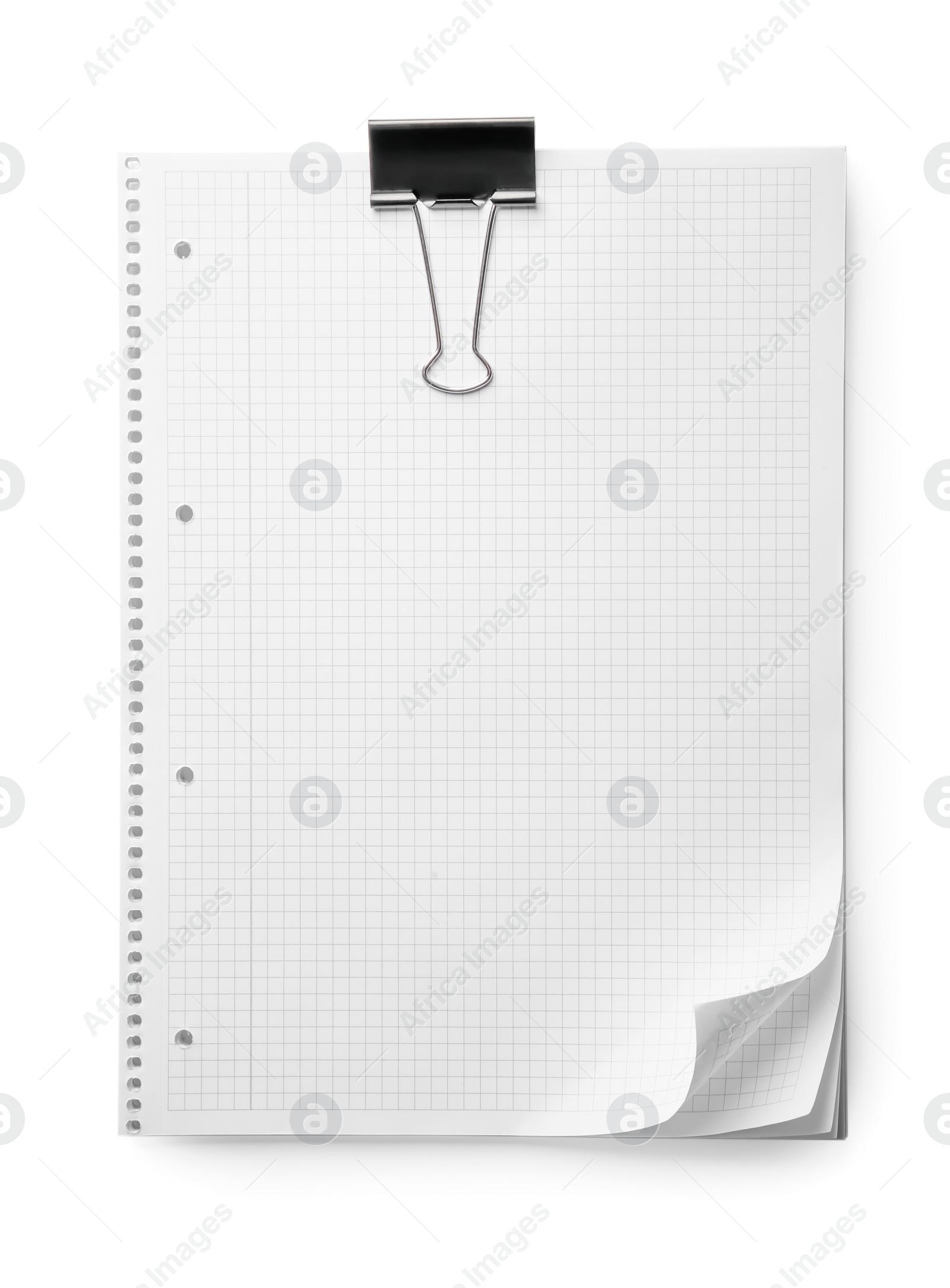 Photo of Stack of checkered paper sheets with binder clip on white background, top view