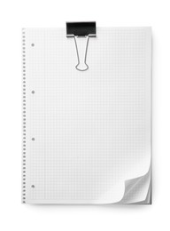 Stack of checkered paper sheets with binder clip on white background, top view