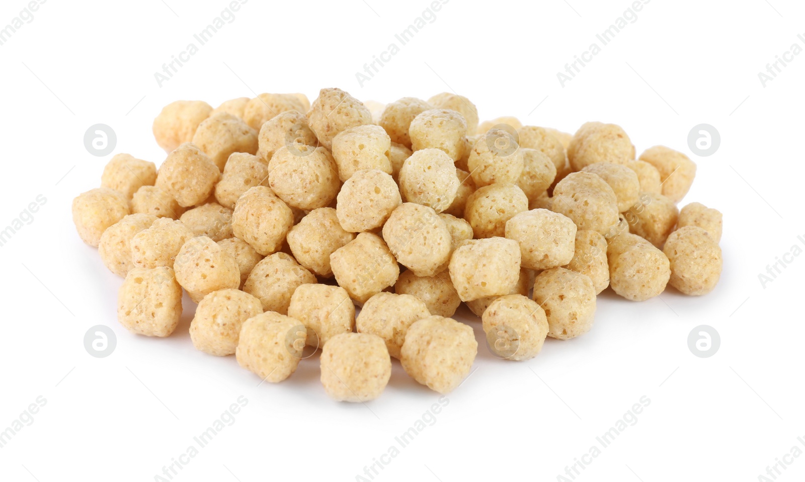 Photo of Sweet crispy corn balls on white background. Breakfast cereal