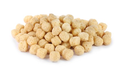 Photo of Sweet crispy corn balls on white background. Breakfast cereal