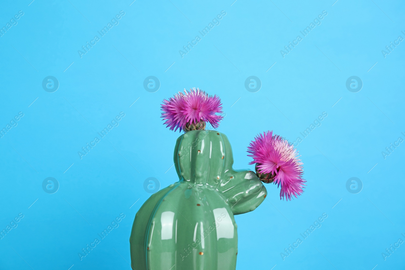 Photo of Trendy cactus shaped ceramic vase with flowers on color background