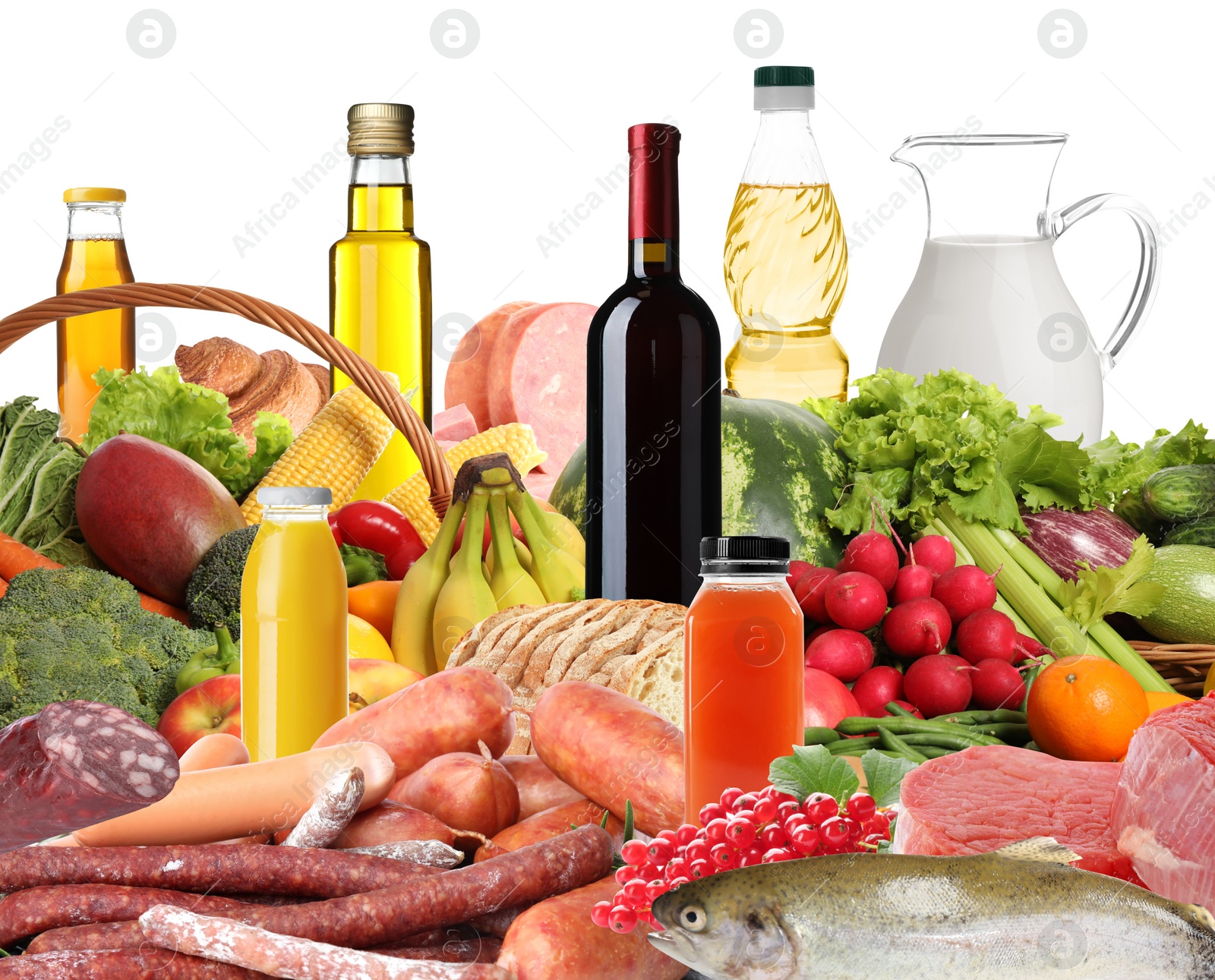 Image of Assortment of fresh organic products on white background. Balanced food