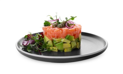 Photo of Tasty salmon tartare with avocado and greens isolated on white