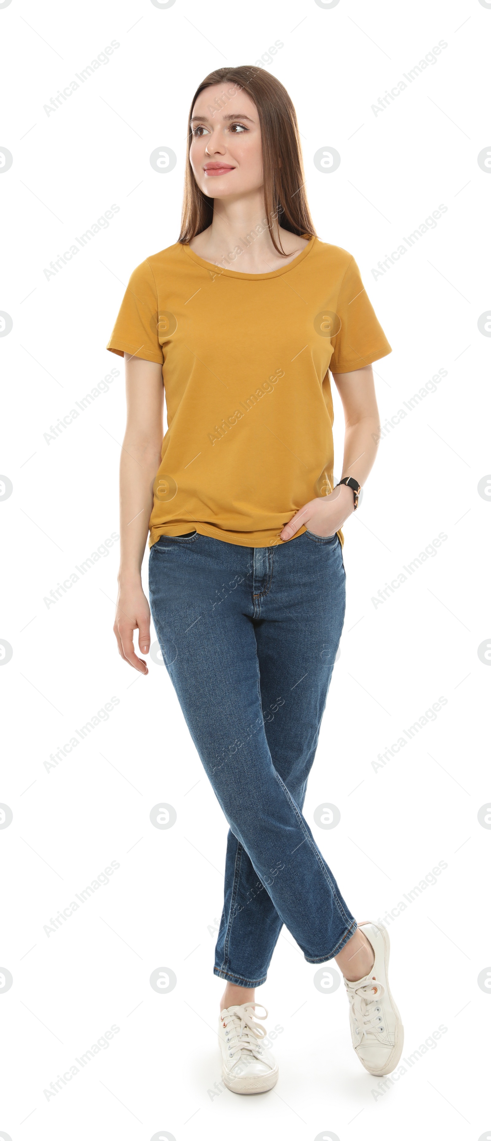 Photo of Young woman in t-shirt on white background. Mock up for design