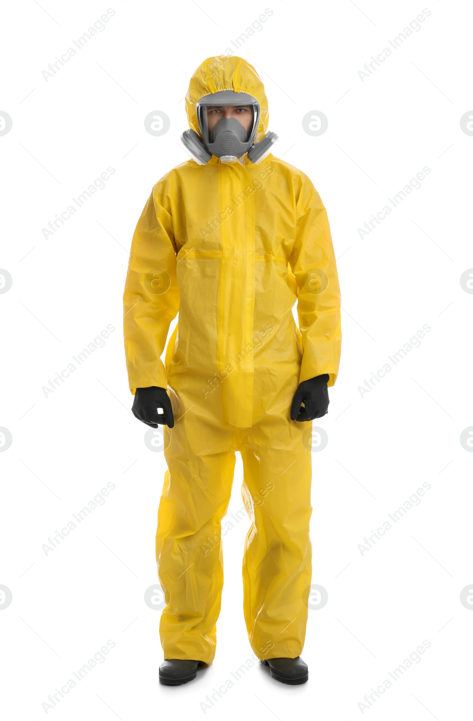 Photo of Man wearing chemical protective suit on white background. Prevention of virus spread